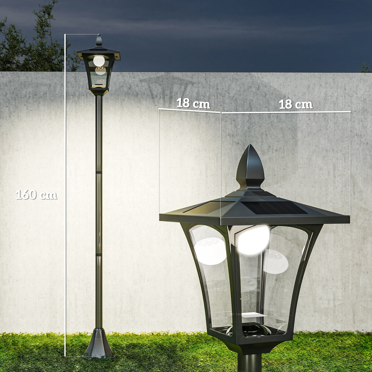 Black solar garden lamp post shown at 160 cm tall with an 18 cm lantern head