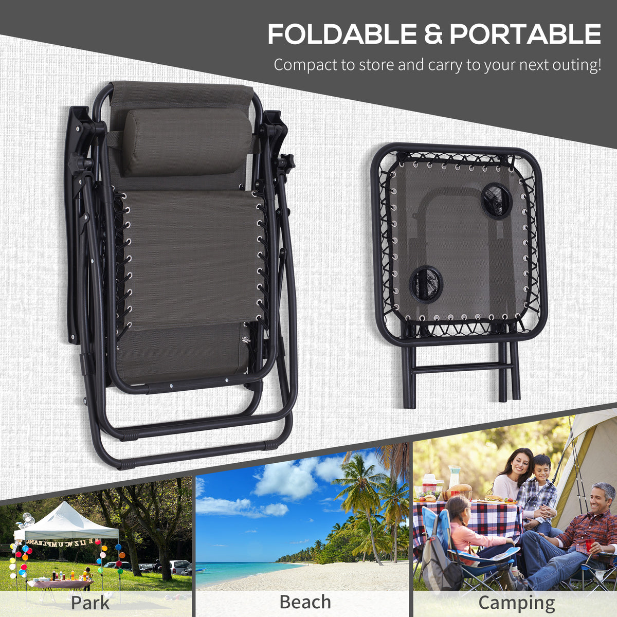 Folded zero-gravity chairs and table for compact storage