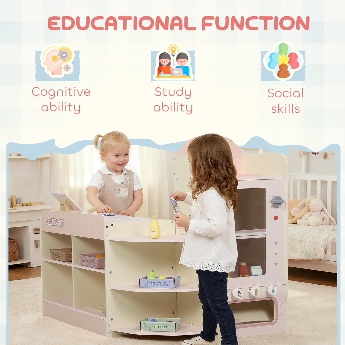 AIYAPLAY Kids Grocery Store, Children Supermarket Playset with Cash Register, Vending Machine, Display Shelves