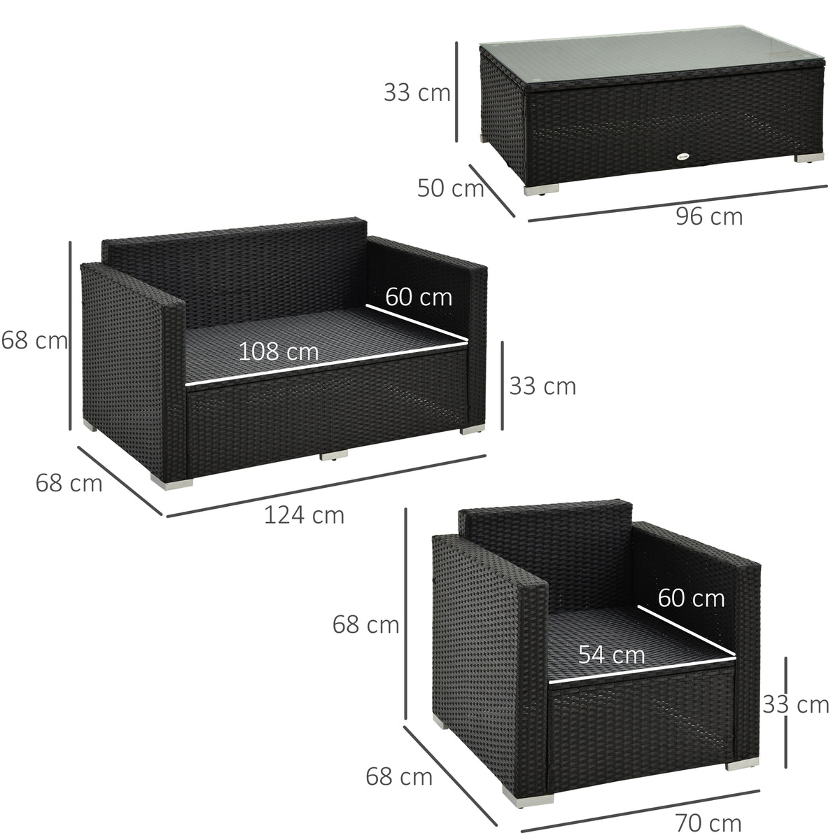 Black rattan sofa set dimensions, with two chairs, a loveseat, and a glass-top table