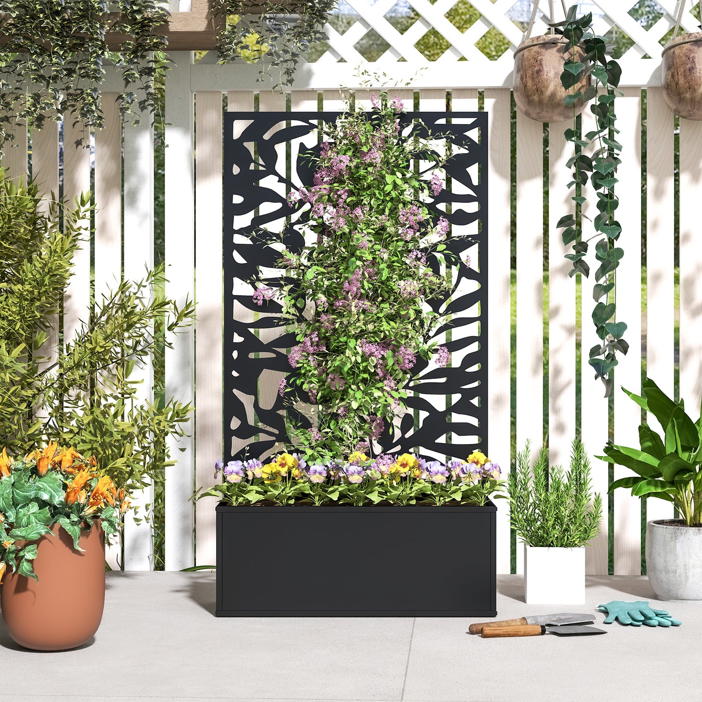 Outsunny Metal Garden Bed with Trellis, Wall Mounted or Freestanding Raised Planter with Privacy Panel, Black