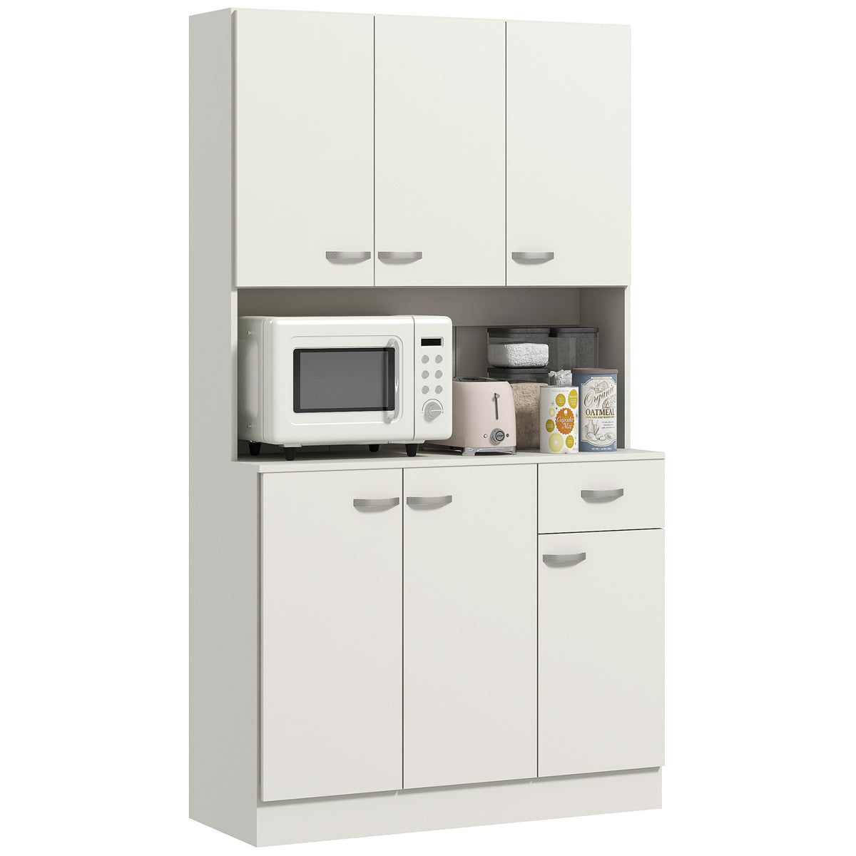 Photo of HOMCOM Freestanding Kitchen Pantry Storage Cabinet with Adjustable Shelves & Middle Worktop - White in White colour on a white background