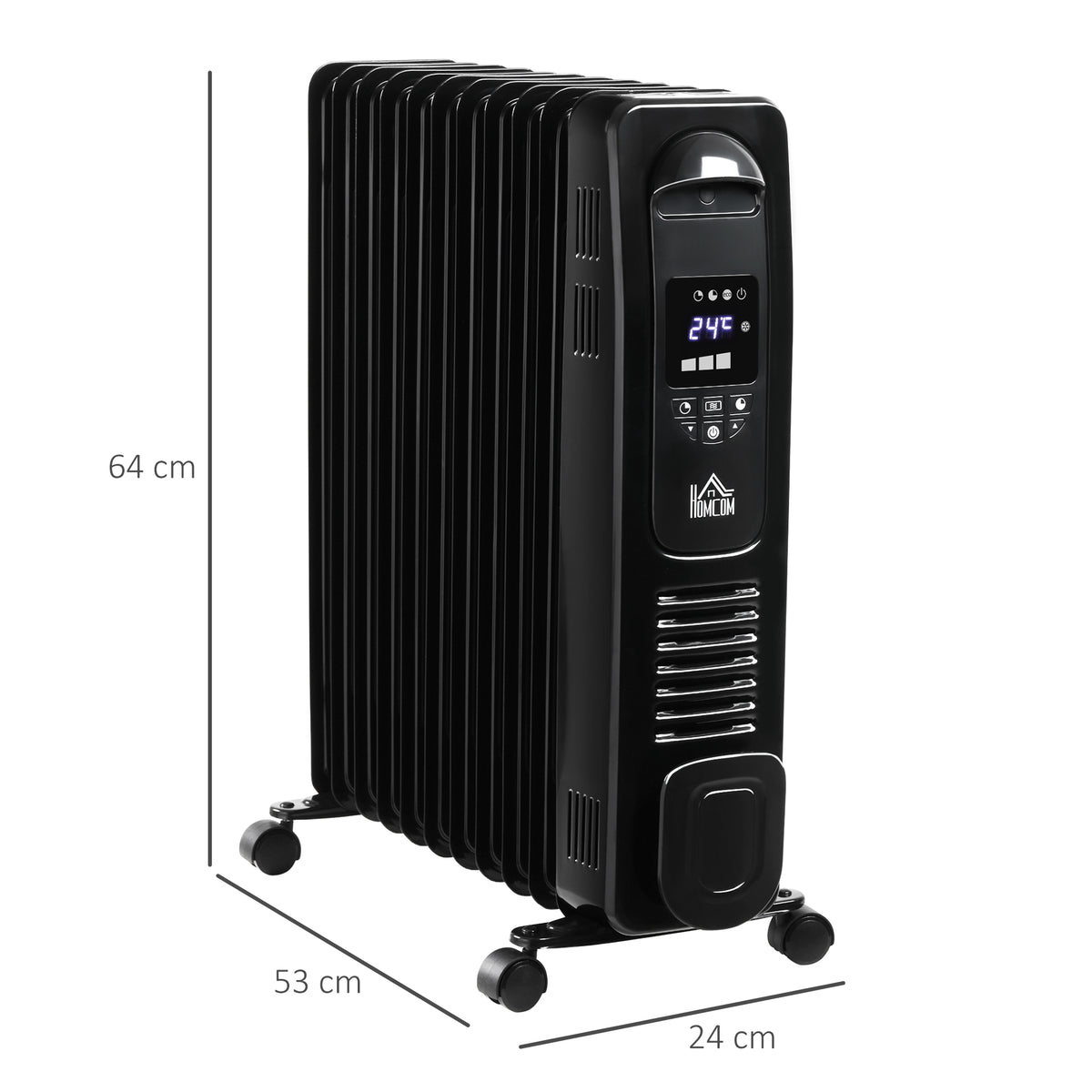 HOMCOM black radiator heater on casters, shown with height and width measurements