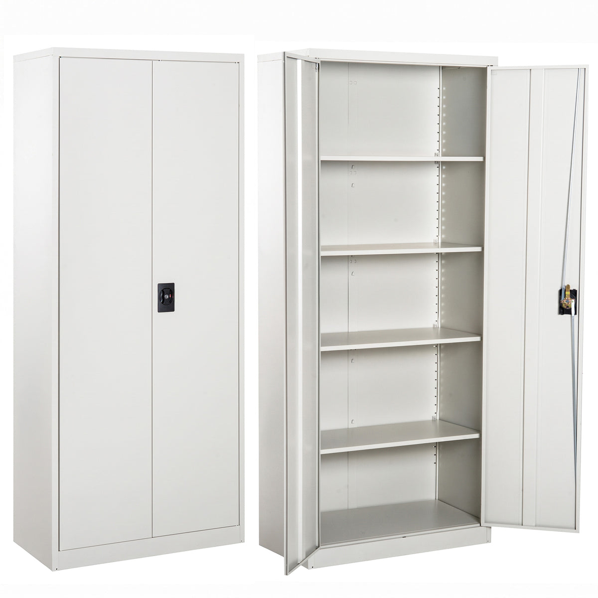 White steel filing cabinet with two lockable doors and four adjustable shelves, shown open and closed