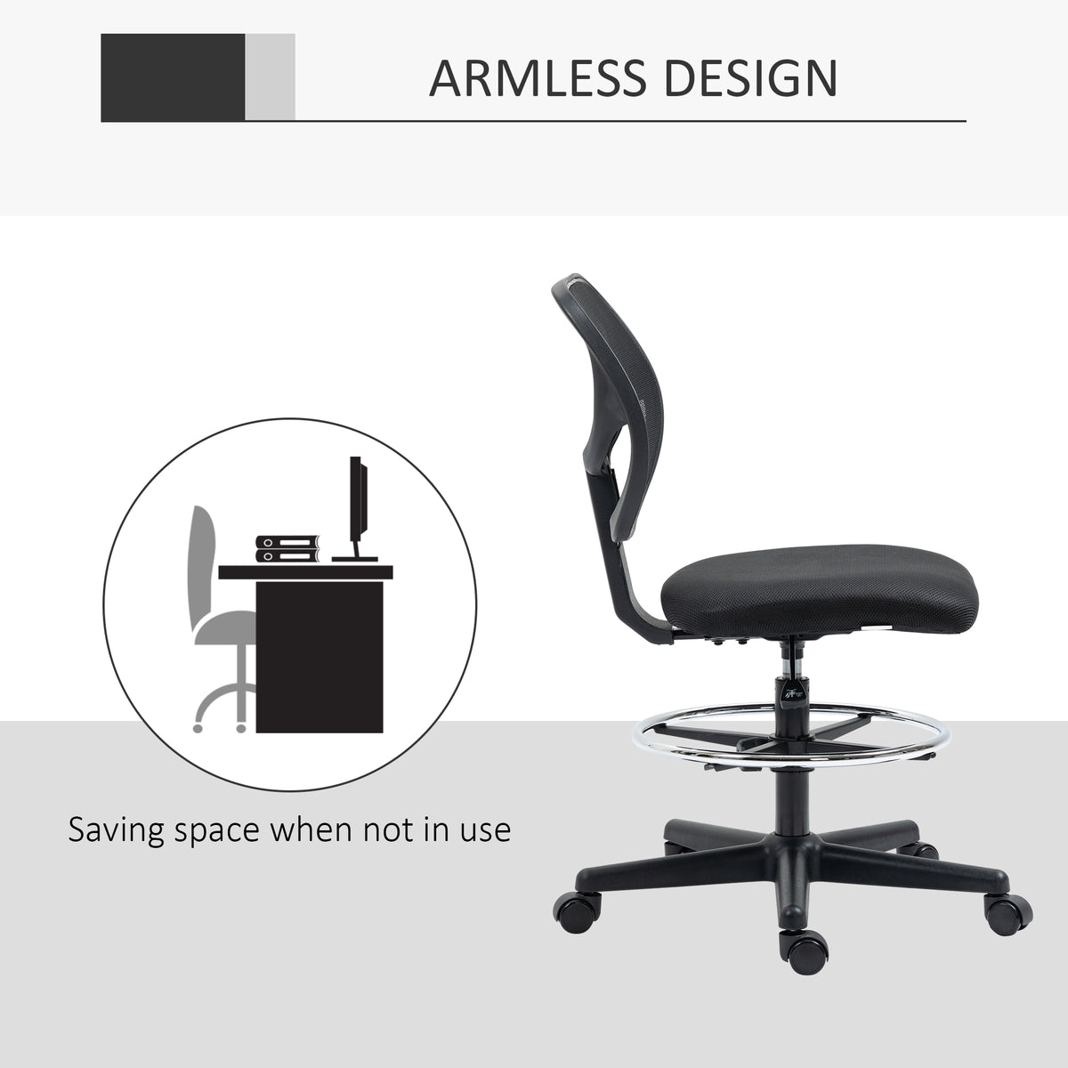 Armless standing desk chair with mesh back, padded seat, and circular footrest