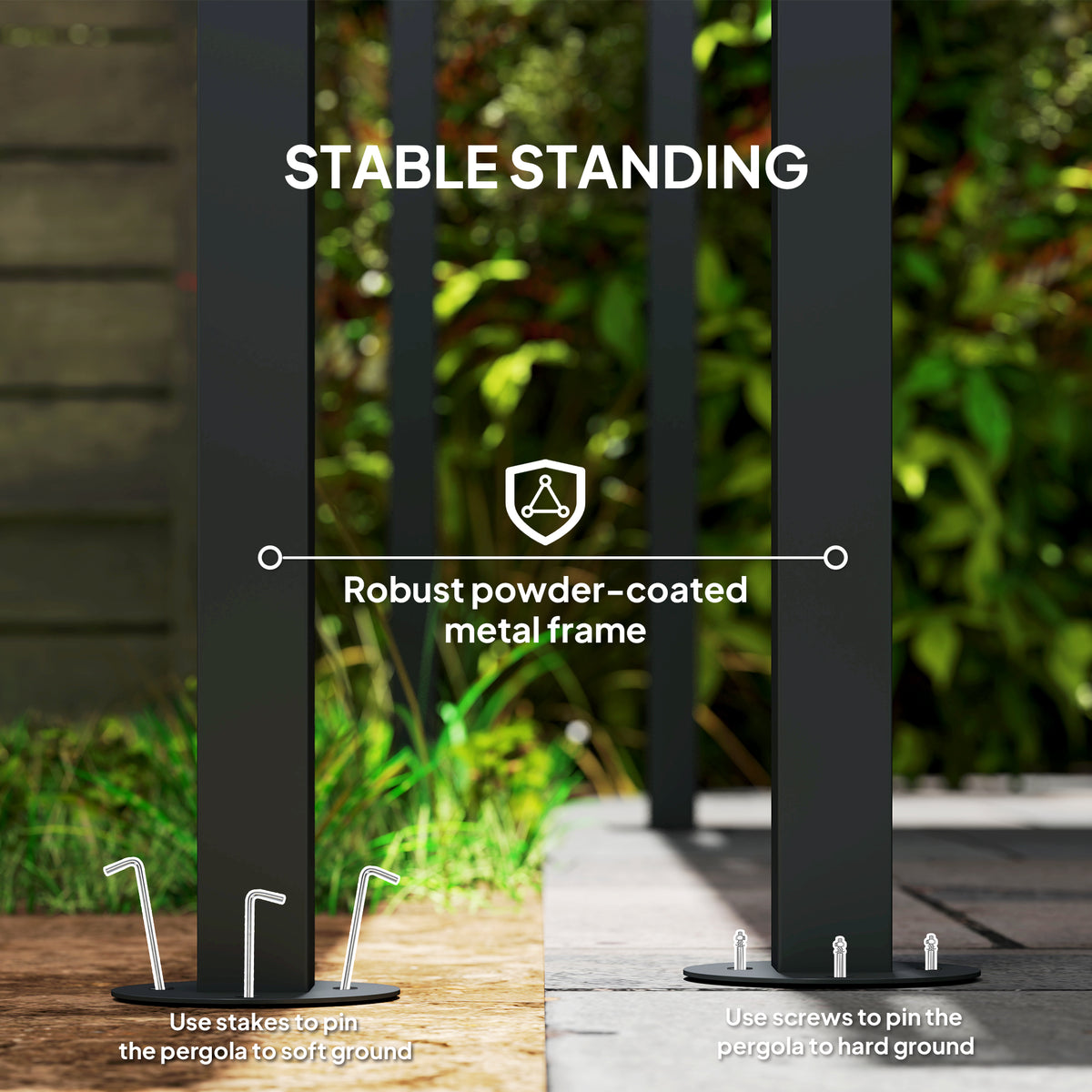Pergola's sturdy dark powder-coated metal frame with ground anchors