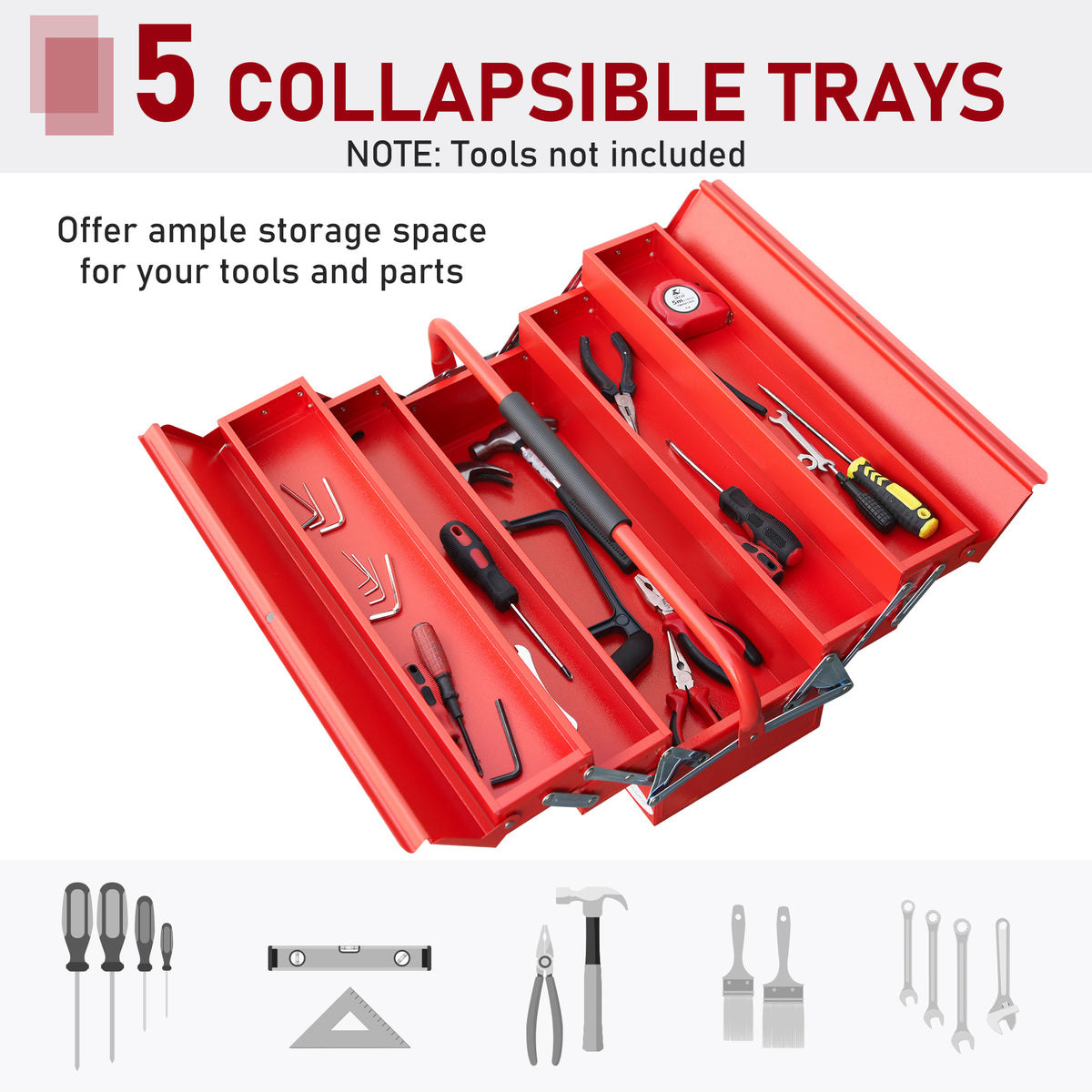 Open red DURHAND toolbox with five collapsible trays holding hand tools