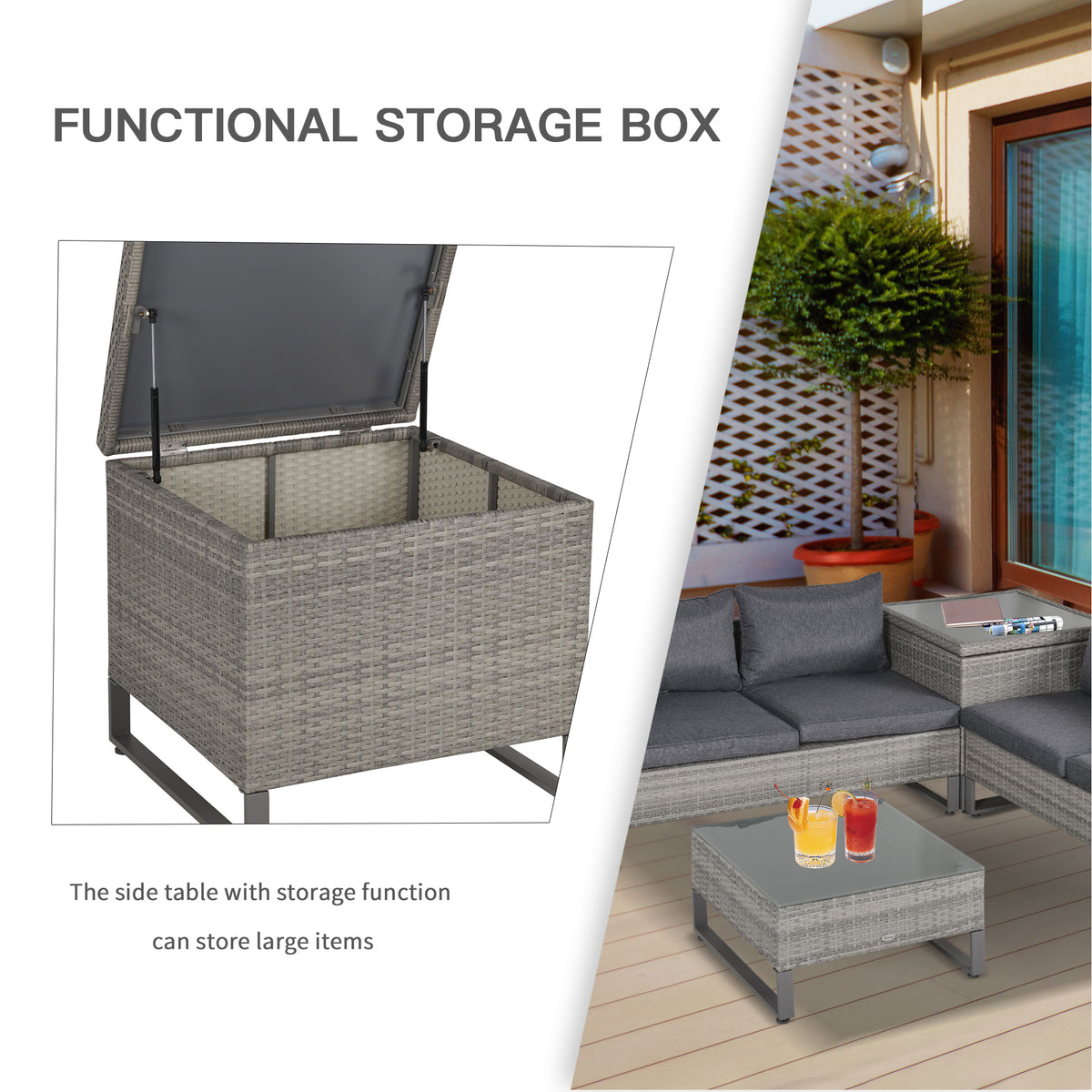 Outsunny gray rattan garden furniture set with storage box, sofa, cushions and glass-top table