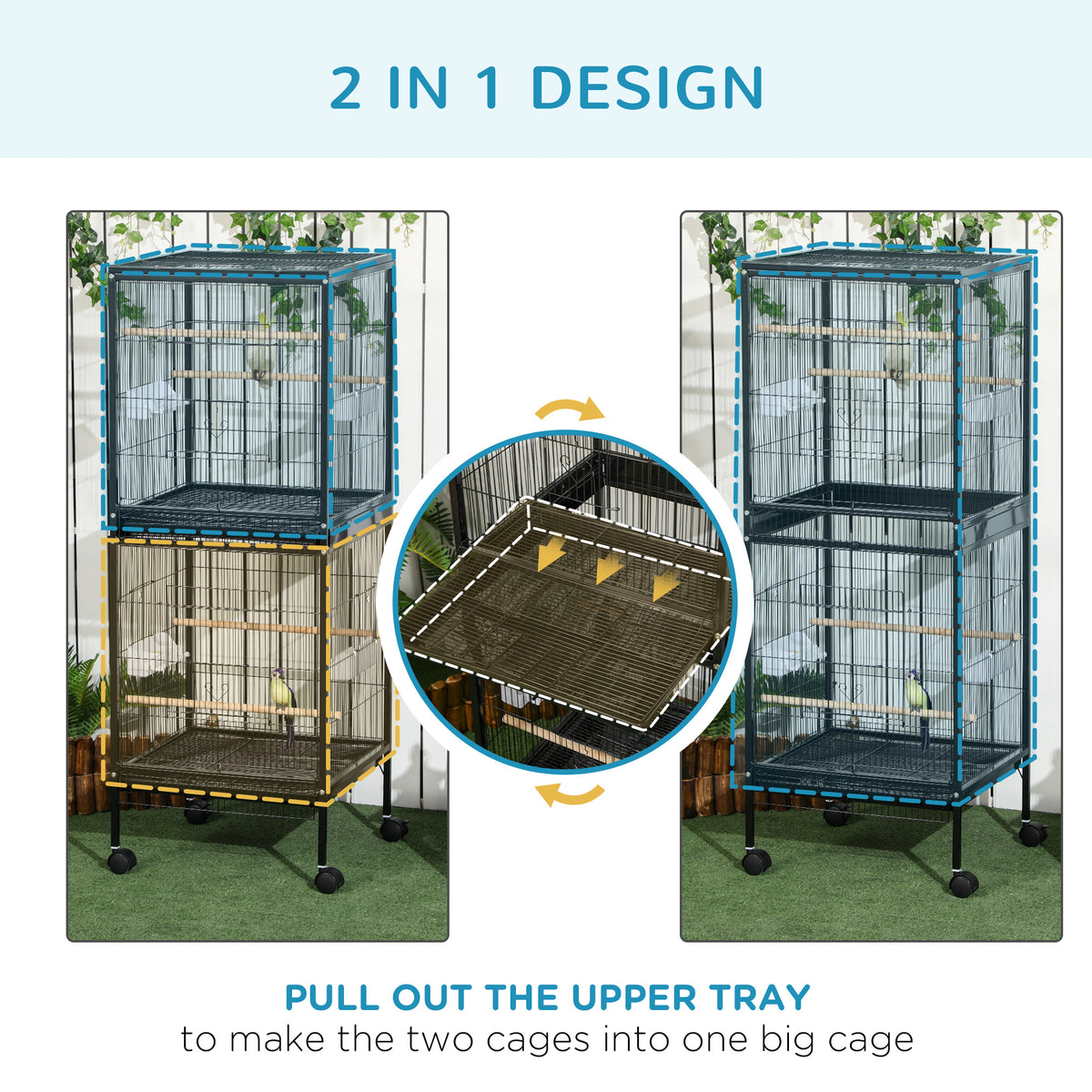 Two-section black bird cage shown stacked and converted into one tall cage by removing the upper tray.