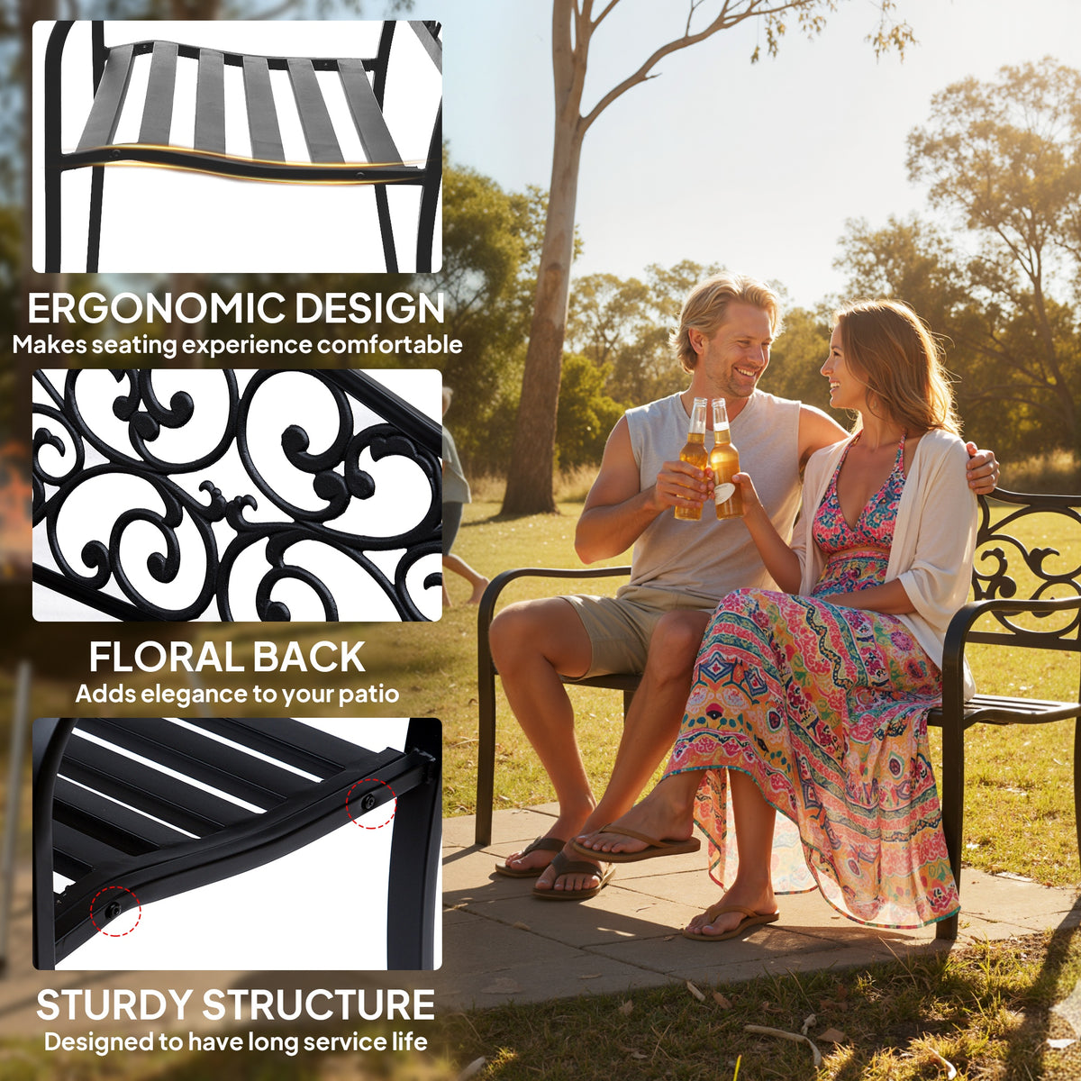 Black metal garden bench with slatted seat, floral backrest and armrests