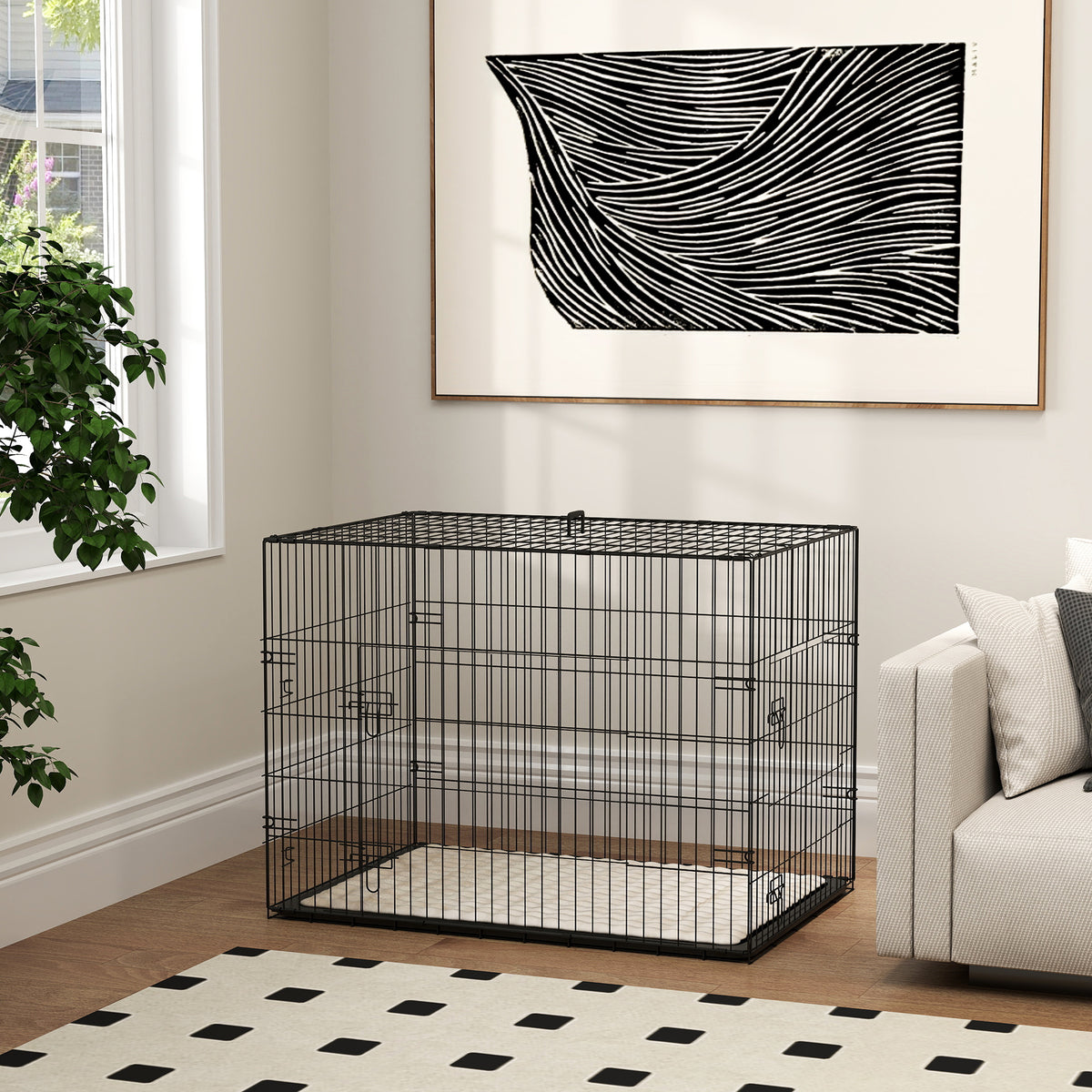 PawHut Foldable Dog Crate with 2 Doors with Tray, Soft Cushion, for Large Medium Dogs, 90 x 58 x 62, Black