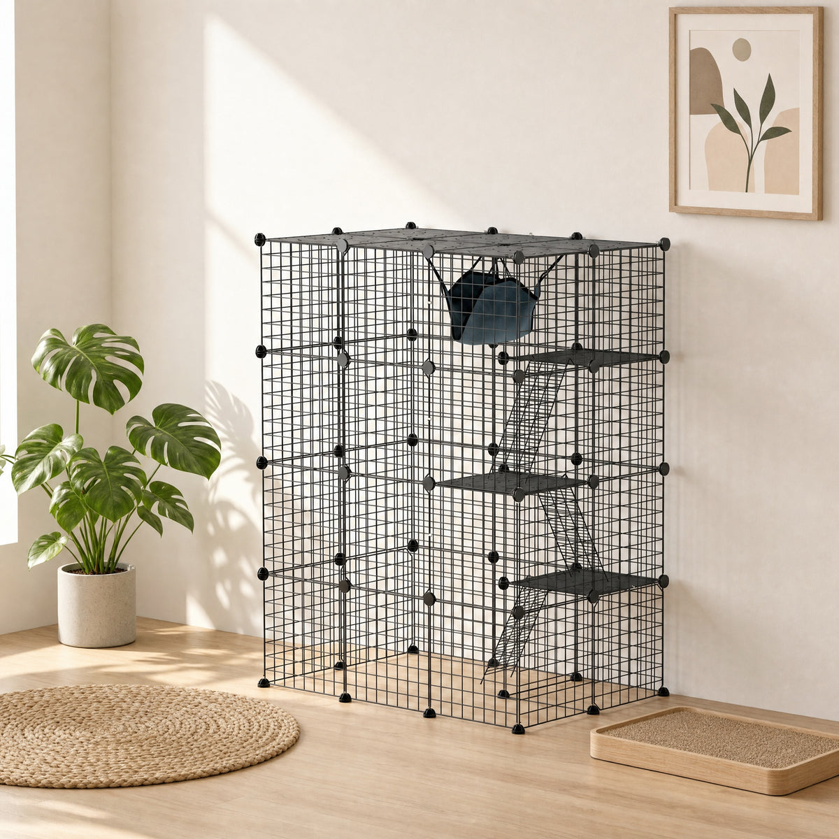 PawHut black cat cage with hammock, ramps, and tiered platforms