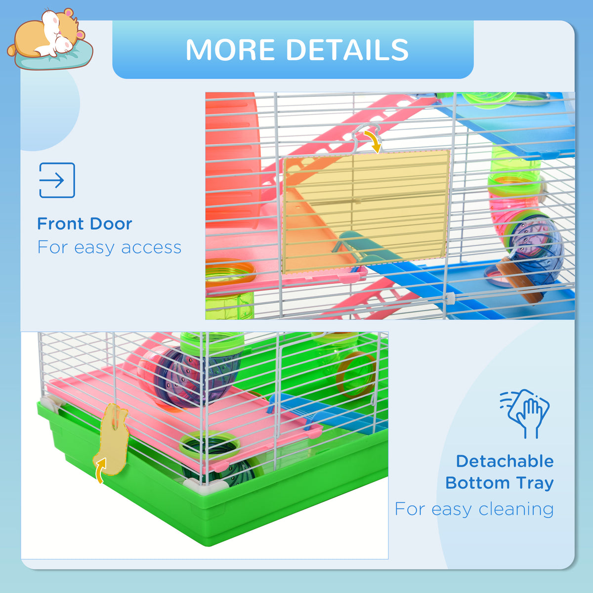PawHut hamster cage front door and detachable green bottom tray for cleaning.