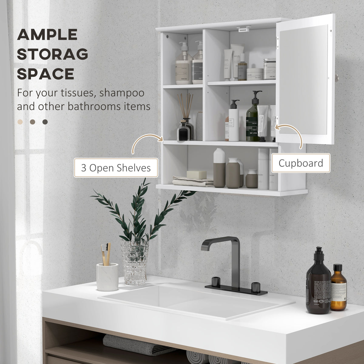 White wall cabinet with mirrored door and open shelves holding bathroom products