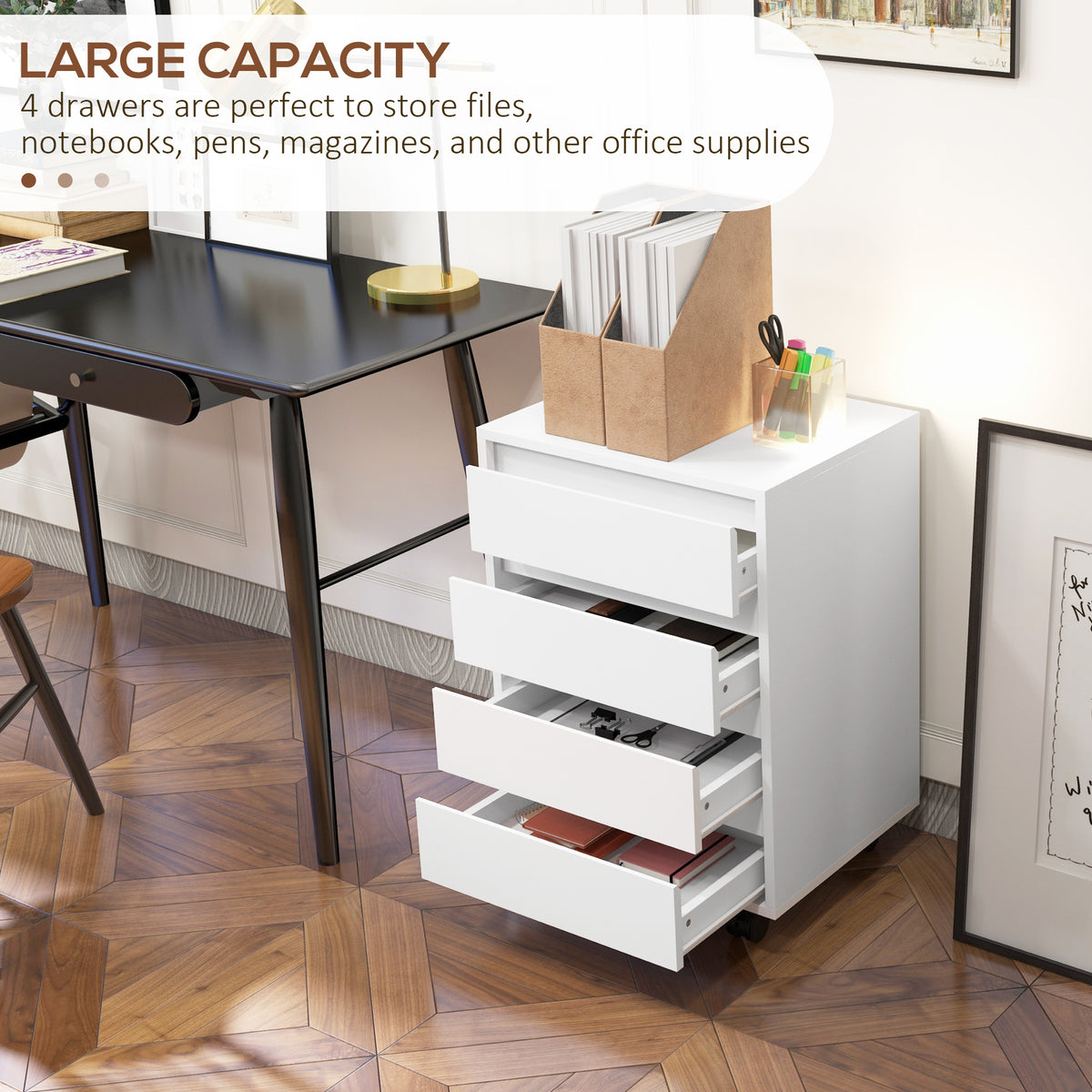 HOMCOM Four-Drawer Office Filing Cabinet, with Wheels - White