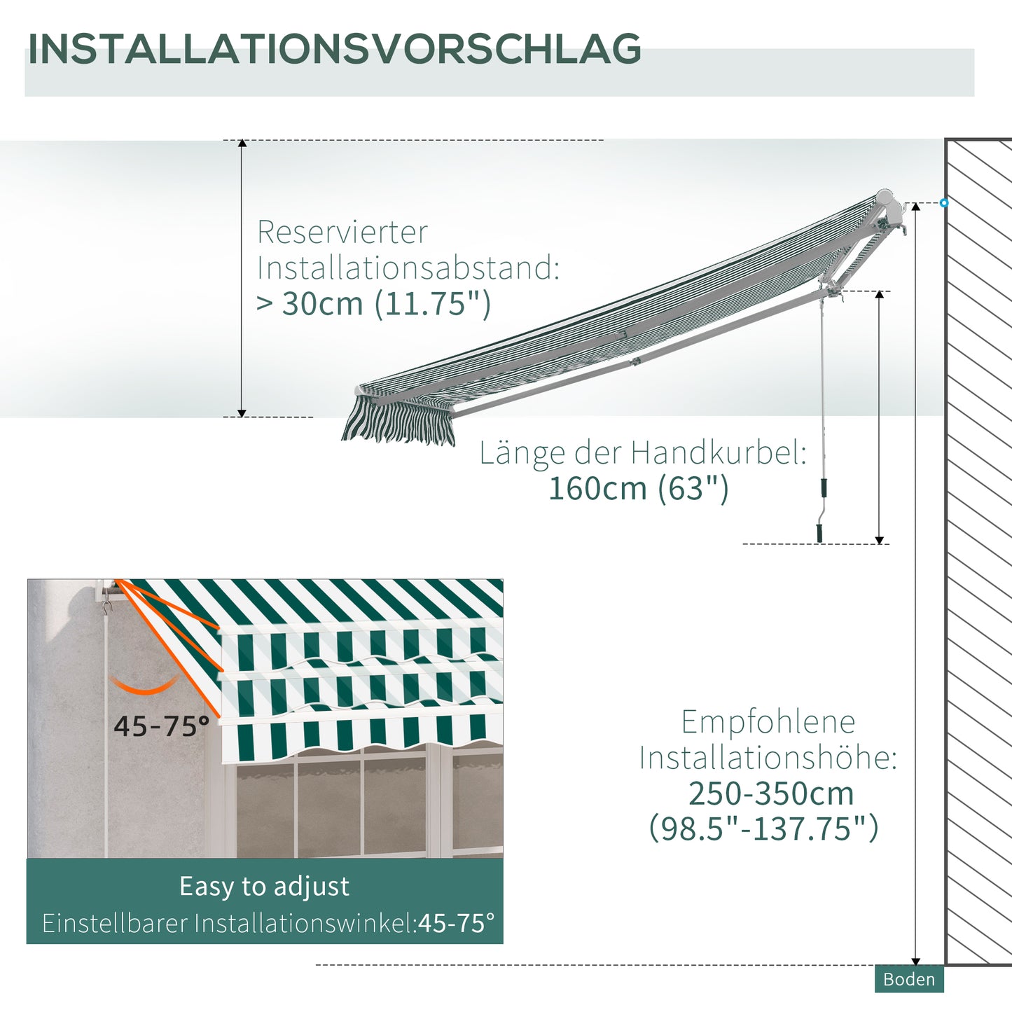 Outsunny 3 x 2.5m Patio Awning, Anti-UV and Waterproof Sun Shade Canopy with Chain Drive and Hand Crank, Green/White Stripes