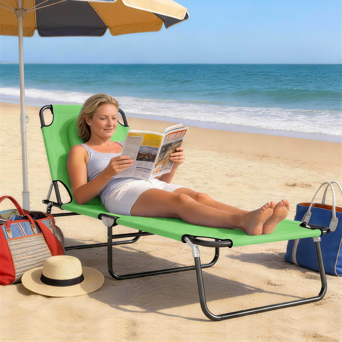 Outsunny Folding Sun Lounger with Face Hole, 4-Position Adjustable Backrest Garden Recliner Chair Sunbed, Outdoor Lounge Chair with 600 D Oxford Cloth Seat, Pillow for Beach, Green