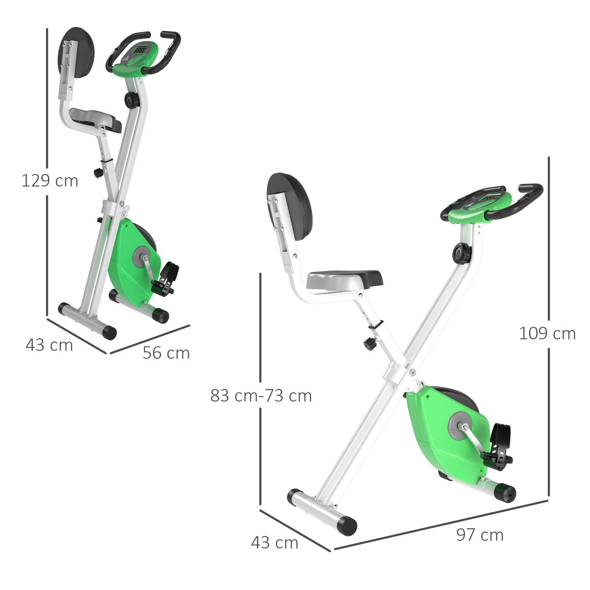 Folding exercise bike shown open and folded, with dimensions marked