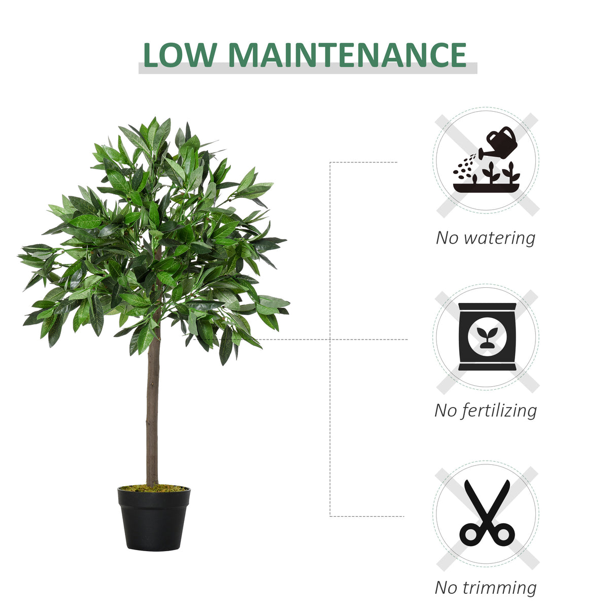Artificial bay laurel topiary tree in a black pot, no-maintenance design