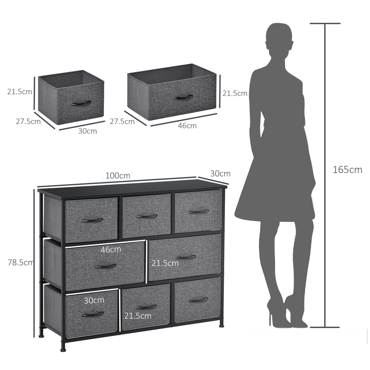 HOMCOM fabric dresser with eight drawers, dimensions and drawer sizes shown