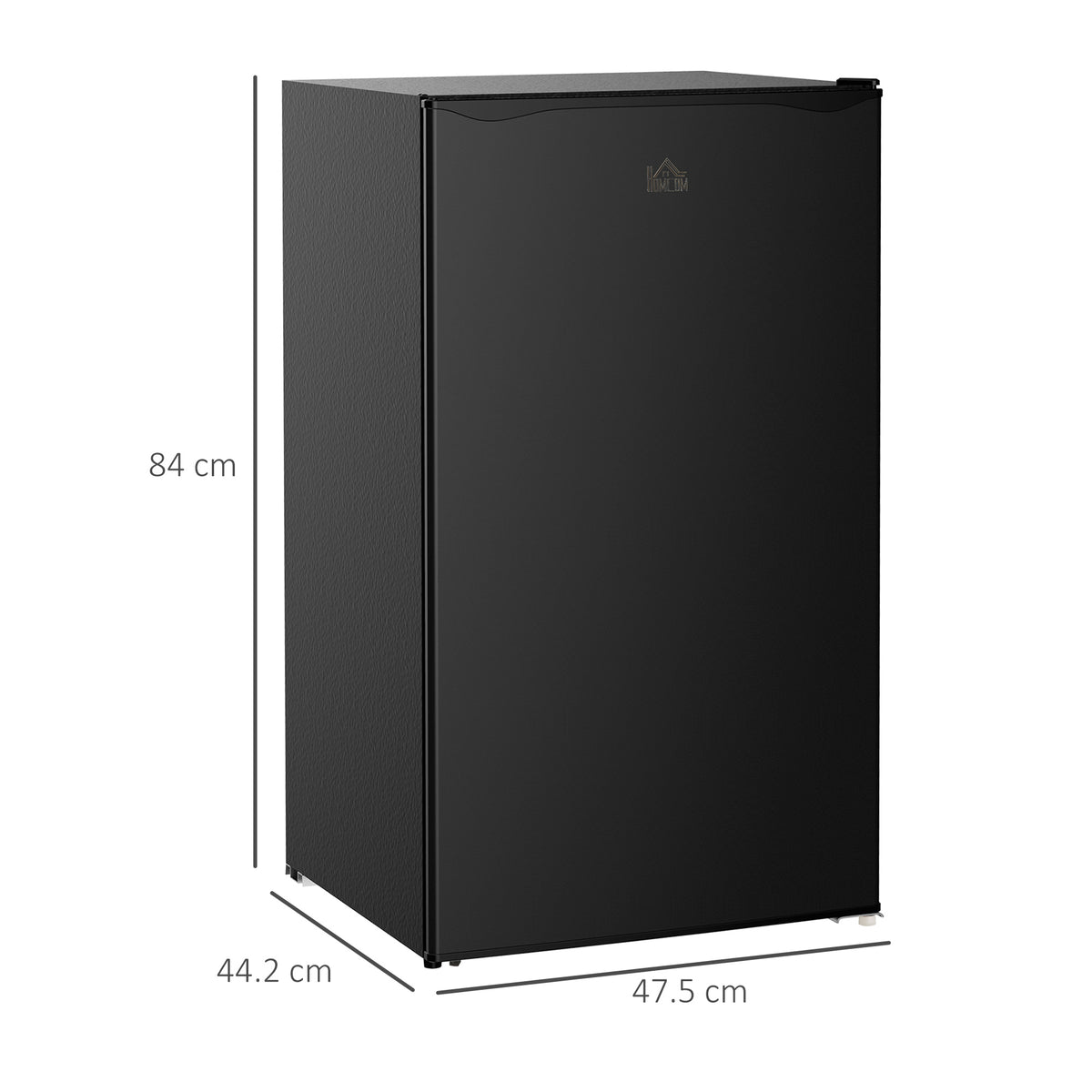 Black HOMCOM mini refrigerator, with dimensions marked 84 cm high, 47.5 cm wide and 44.2 cm deep.