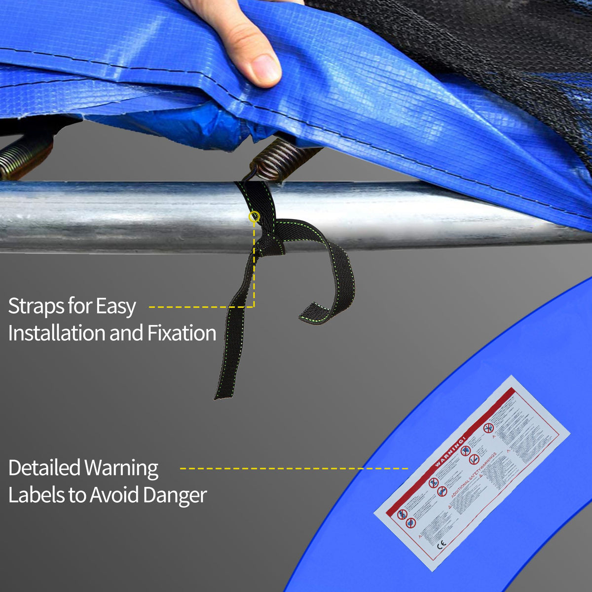 Blue HOMCOM trampoline safety pad with fastening straps and a warning label.