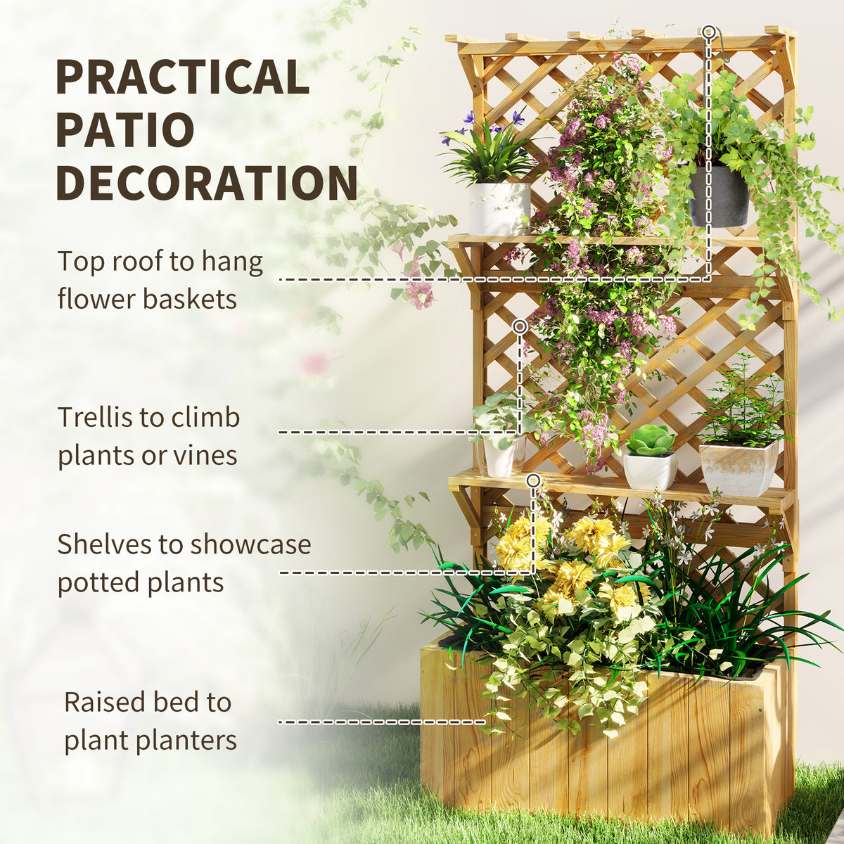 Wooden planter with trellis, shelves, hanging plants, and raised planting bed