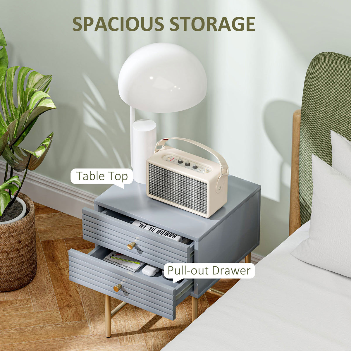 Grey bedside table with open pull-out drawer, ribbed fronts, and gold-tone legs