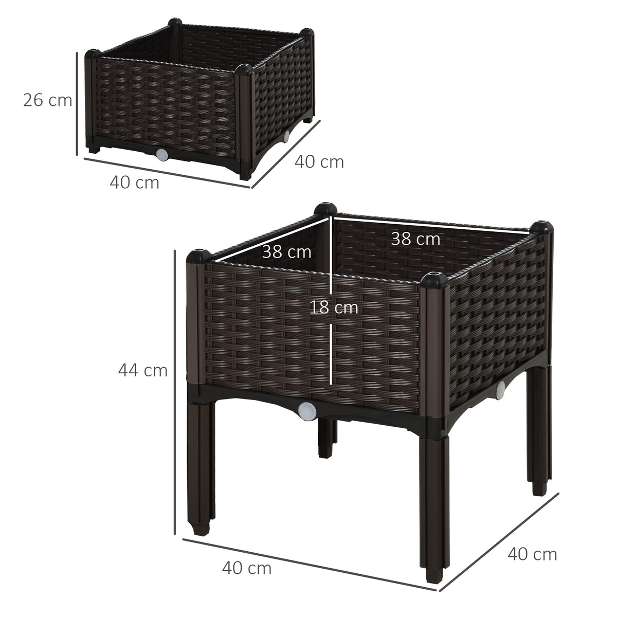 Two empty dark brown woven planters, one elevated on legs; dimensions shown