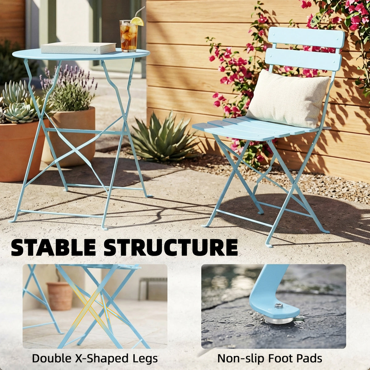 Outsunny Folding Garden Bistro Set, Outdoor Round Bistro Table and Chairs Set 2 with Electrophoresis Metal Frame, Light Blue