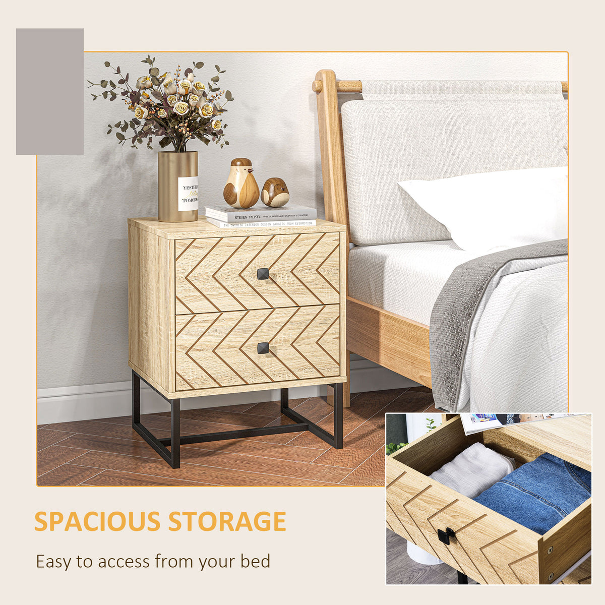 HOMCOM two-drawer nightstand beside a bed, showing spacious drawer storage