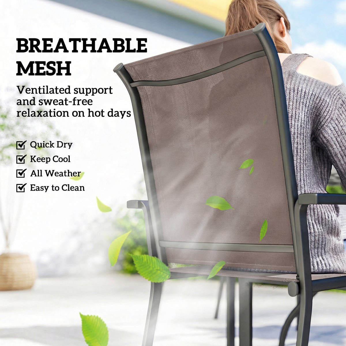 Outsunny 5 Pieces Outdoor Dining Set for 4, Garden Table and Stackable Chairs with Breathable Mesh Seat, Grey and Khaki