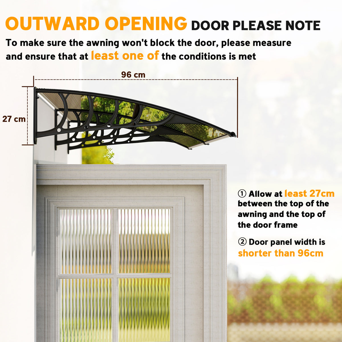 Outsunny brown door canopy shown above an outward-opening door, with 96 cm projection