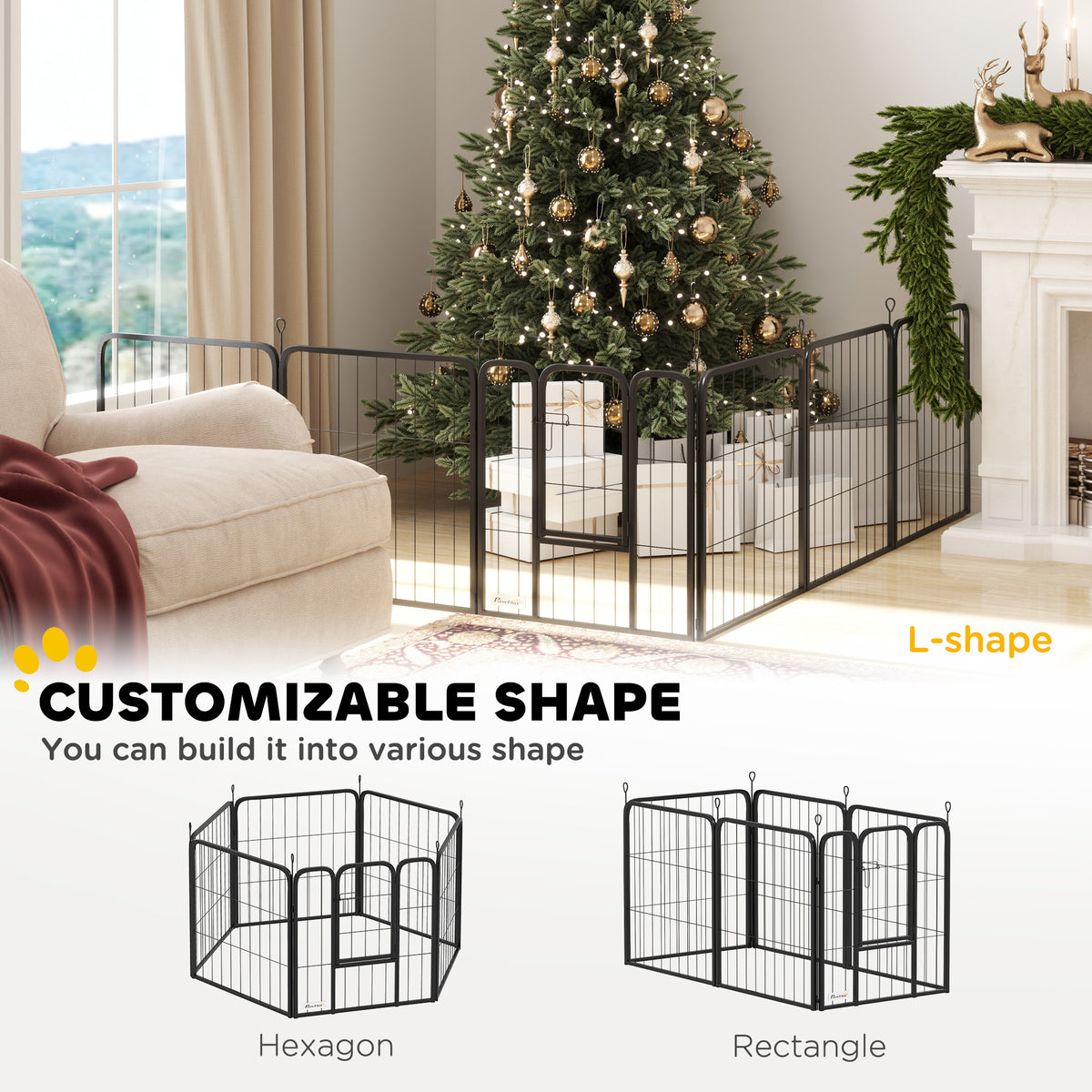 PawHut black dog playpen arranged in L, hexagon, and rectangular shapes