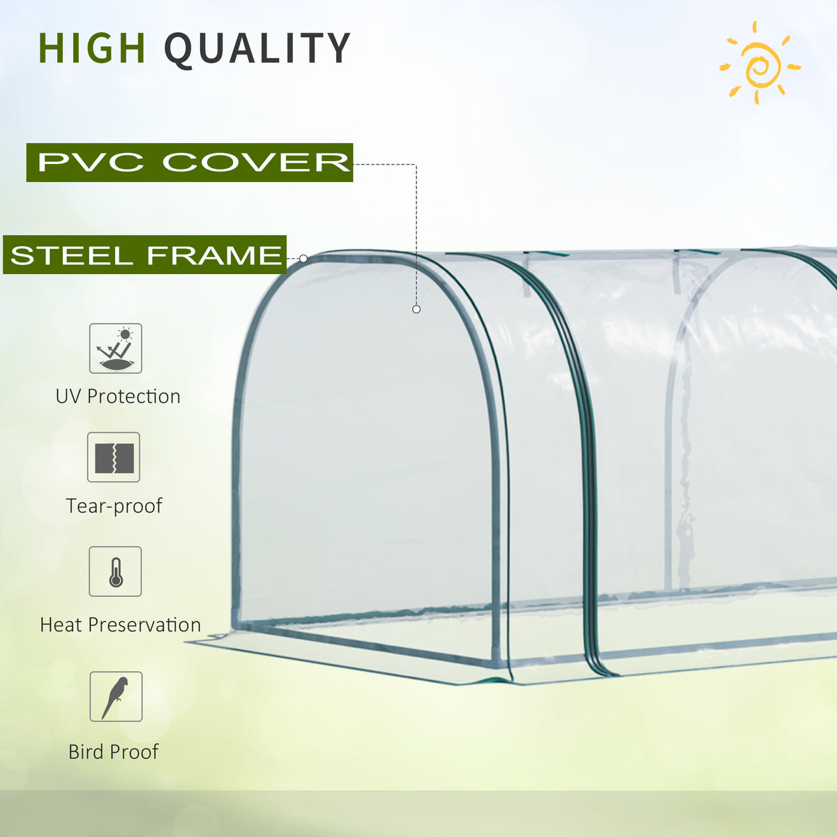 Outsunny mini greenhouse close-up showing clear PVC cover and steel frame