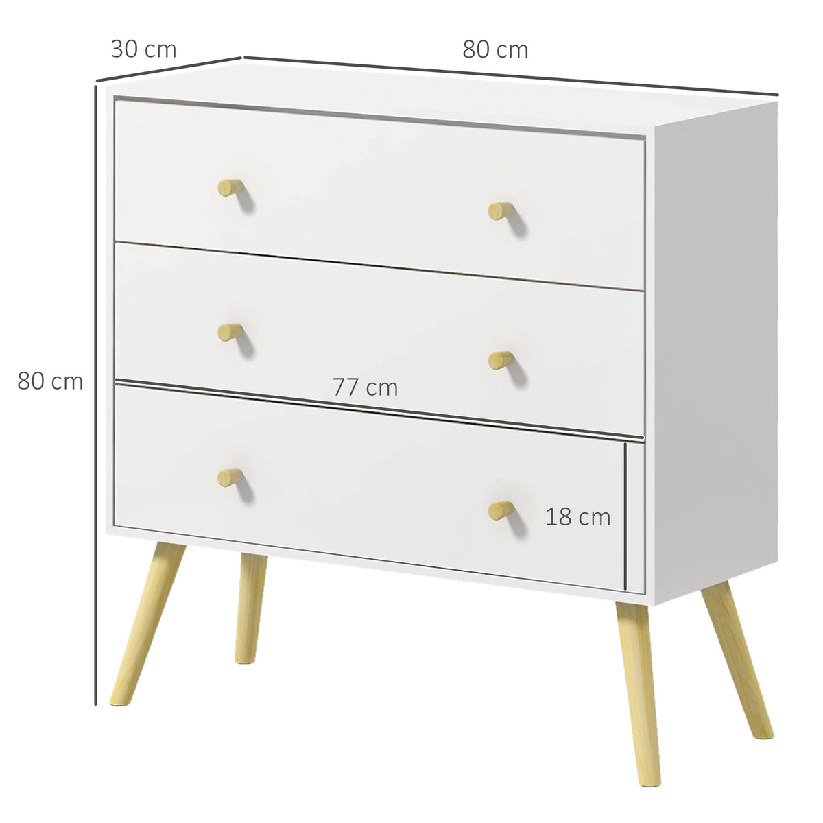 White three-drawer chest with wood legs, shown with dimensions of 80 by 80 by 30 cm