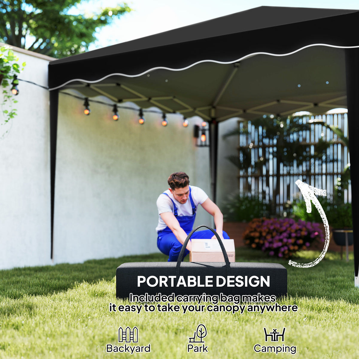 Black portable pop-up gazebo with a carrying bag