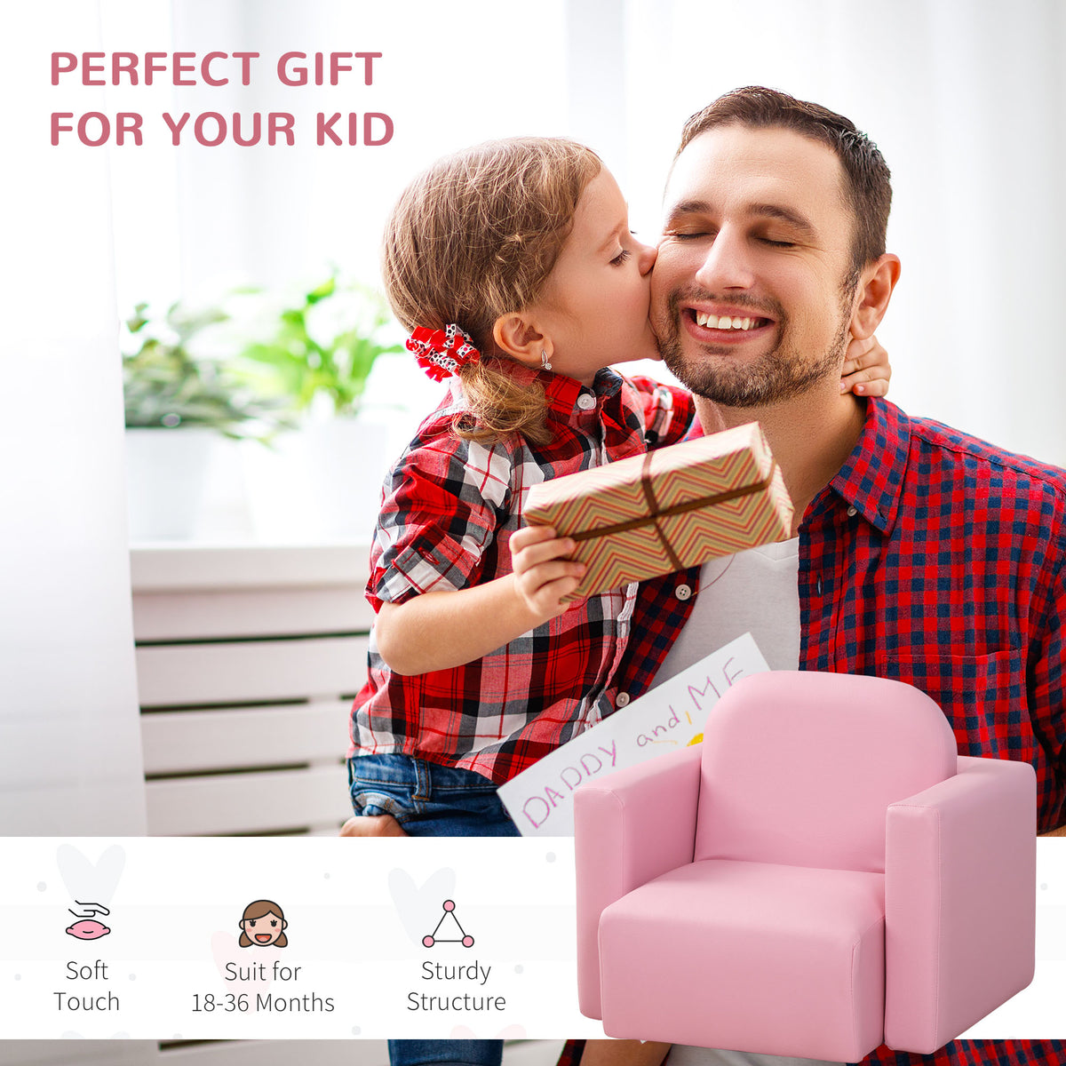 Pink toddler sofa chair with padded arms and backrest