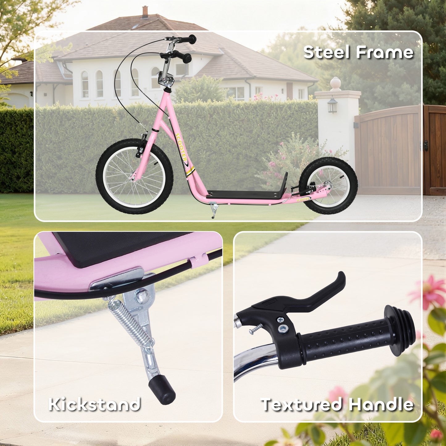 HOMCOM Kids Scooter, Teen Kick Scooter with Rubber Wheels, 16" Front Wheel, Height Adjustable Handlebar, Dual Brakes, Kick Stand, for 5+ Years, Pink