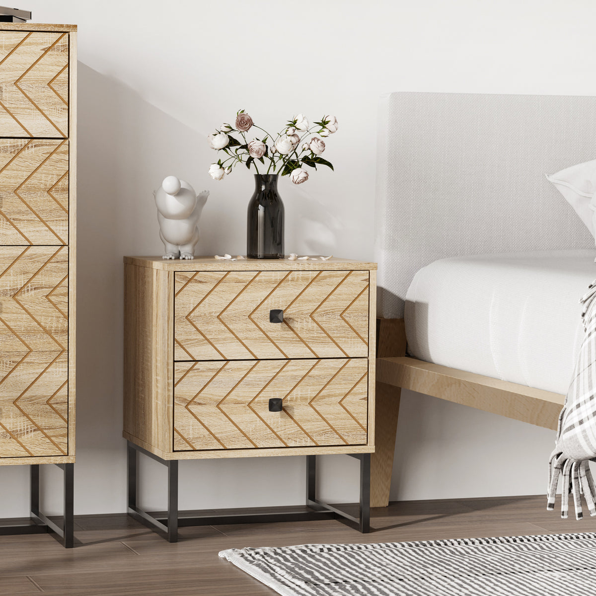 HOMCOM natural wood nightstand with two zigzag drawers beside a bed
