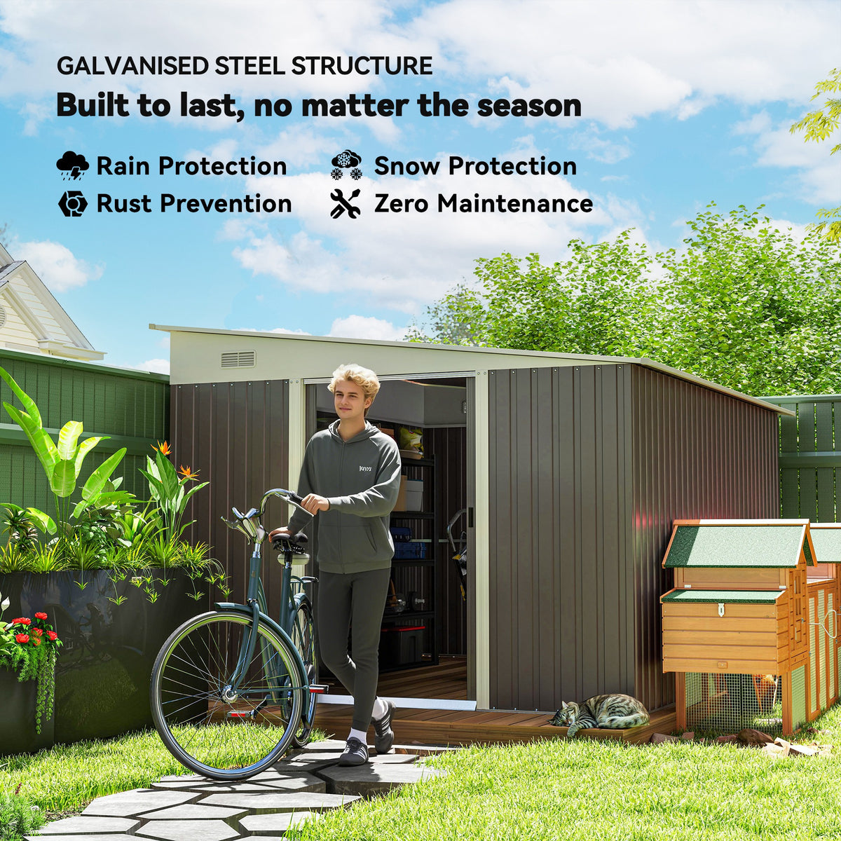 Galvanized steel garden shed with open doorway and a bicycle beside it