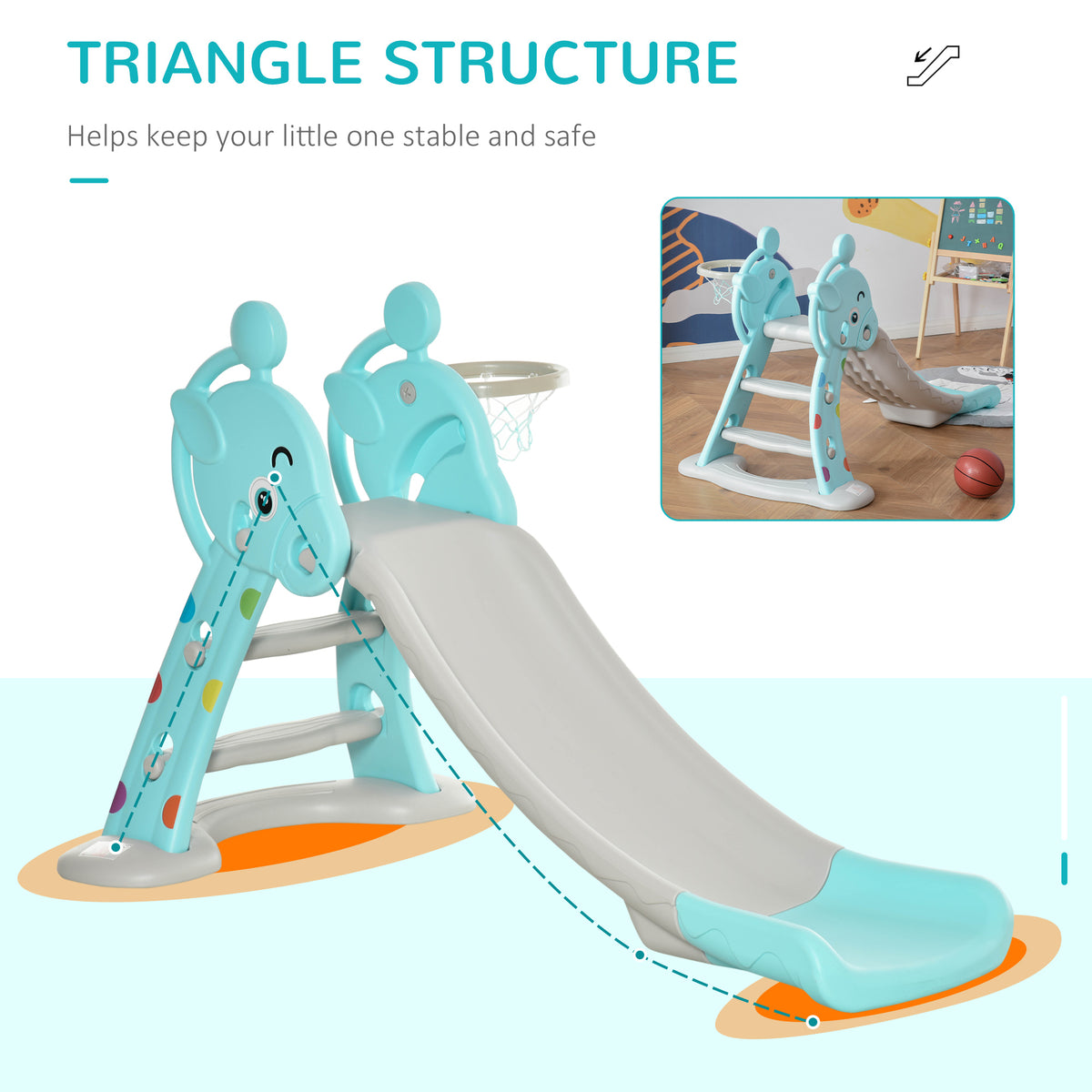 Toddler slide with turquoise deer-shaped supports, gray steps, and basketball hoop