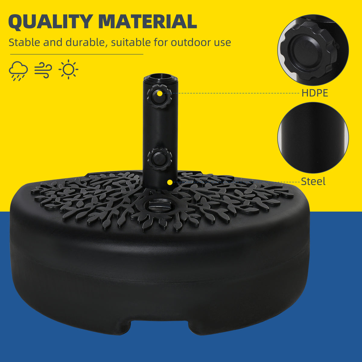 Black half-parasol base with decorative top pattern and steel pole holder