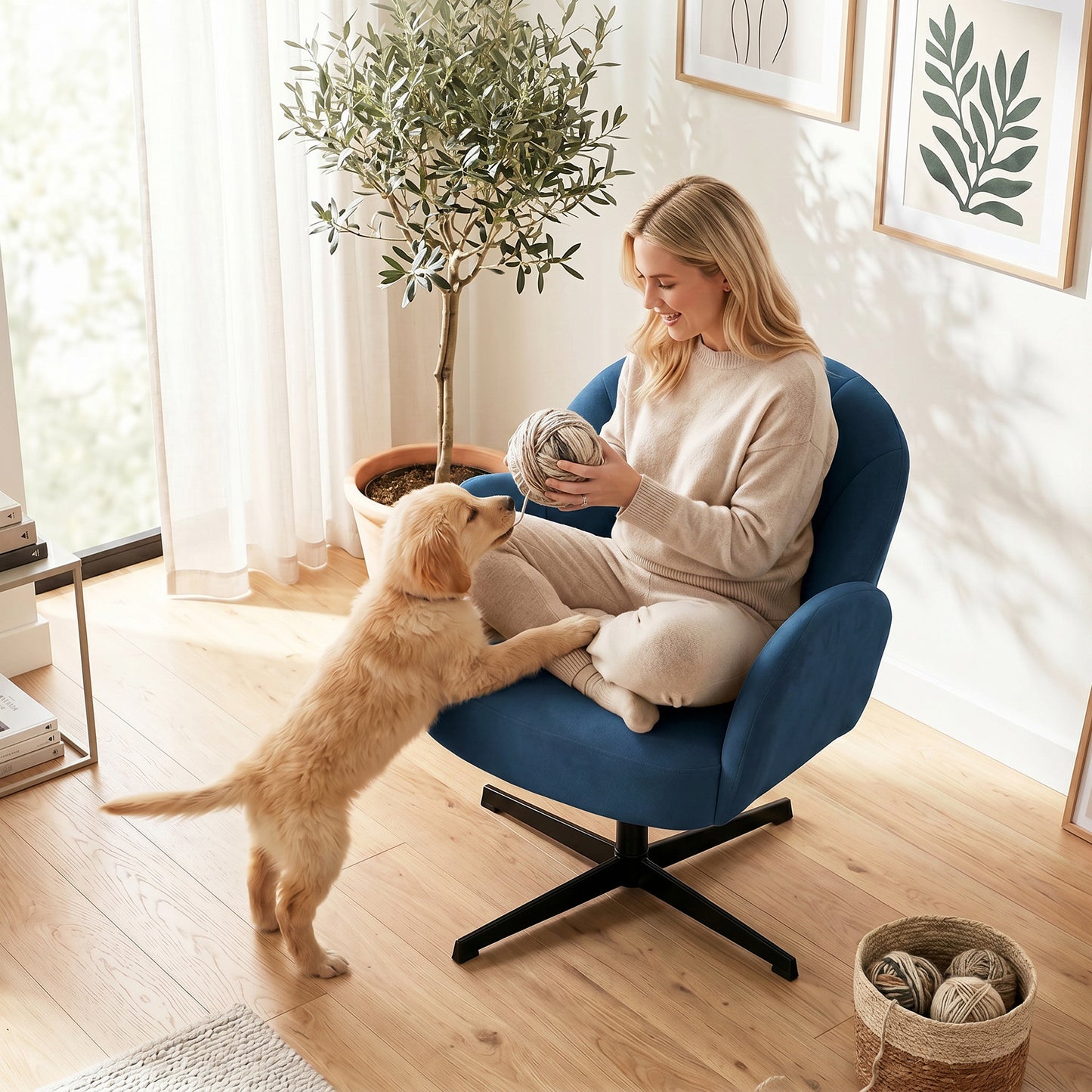 HOMCOM Swivel Accent Chair, Shell-Shaped Armchair with Spring Cushion, Metal Base, Dark Blue