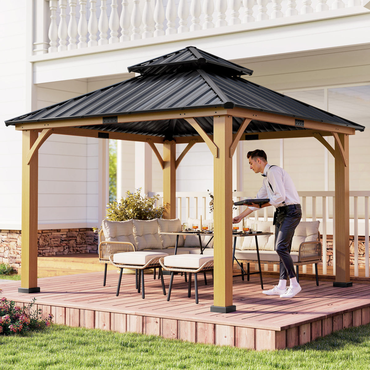 Outsunny 3.5 x 3.5m Outdoor Hardtop Gazebo Canopy with Two-tier Metal Roof, Black