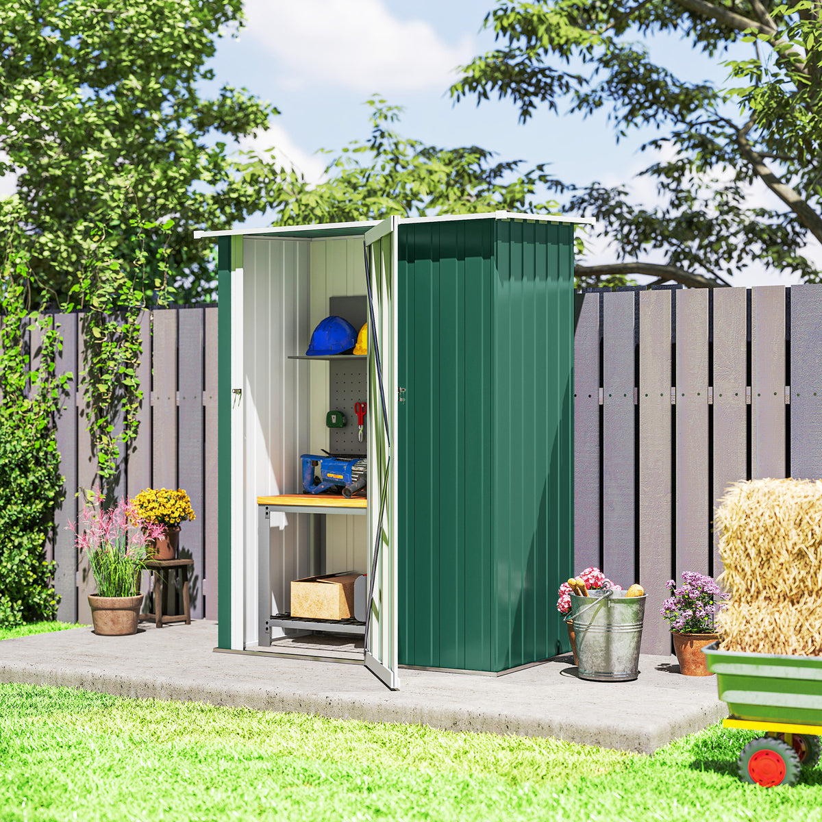 Green metal garden shed with open doors, shelves, and stored garden supplies