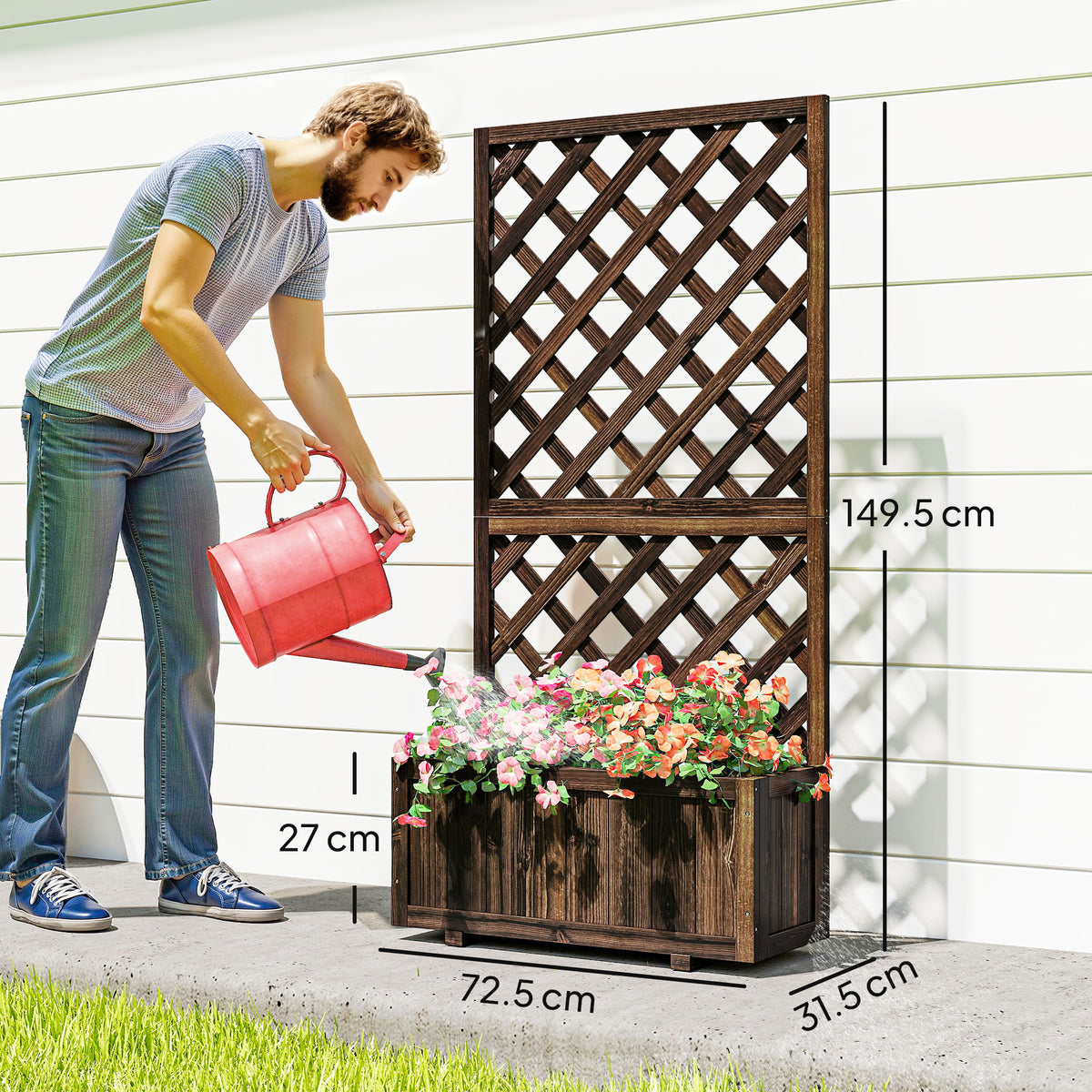 Outsunny planter with trellis, shown with dimensions of 72.5 × 31.5 × 149.5 cm