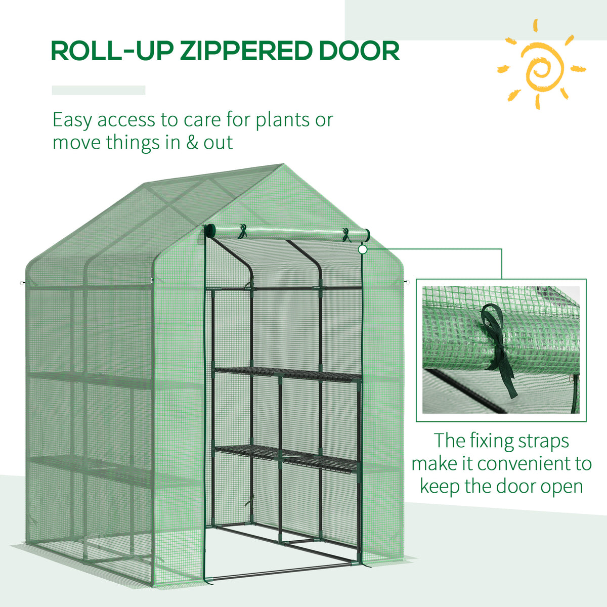 Green greenhouse with a roll-up zippered door and door fastening strap detail
