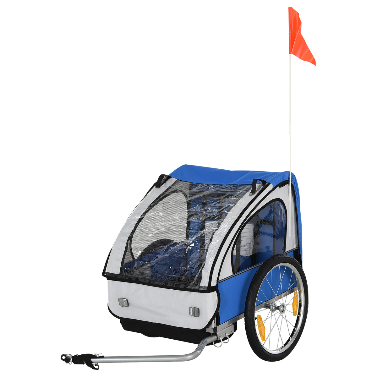 HOMCOM blue and white child bike trailer with clear weather cover, safety flag, wheels and hitch