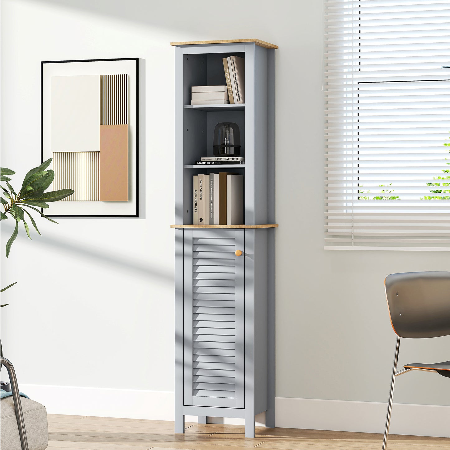 kleankin Bathroom Floor Storage Cabinet with 3 Tier Shelf and Cupboard with Door, Free Standing Linen Tower, Tall Slim Side Organizer Shelves, Grey